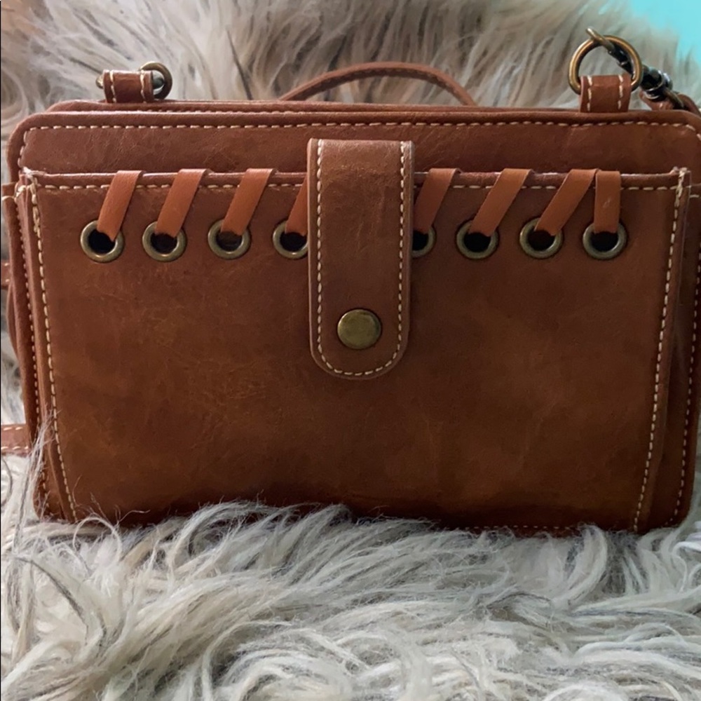 BRAND NEW leather look Crossbody camo brown bag